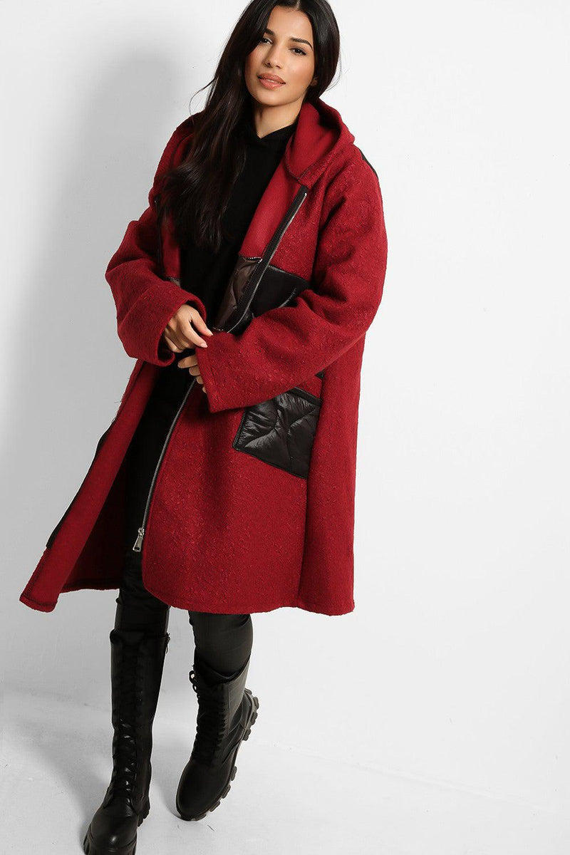 Contrast Quilted Details Boucle Hooded Coat-SinglePrice