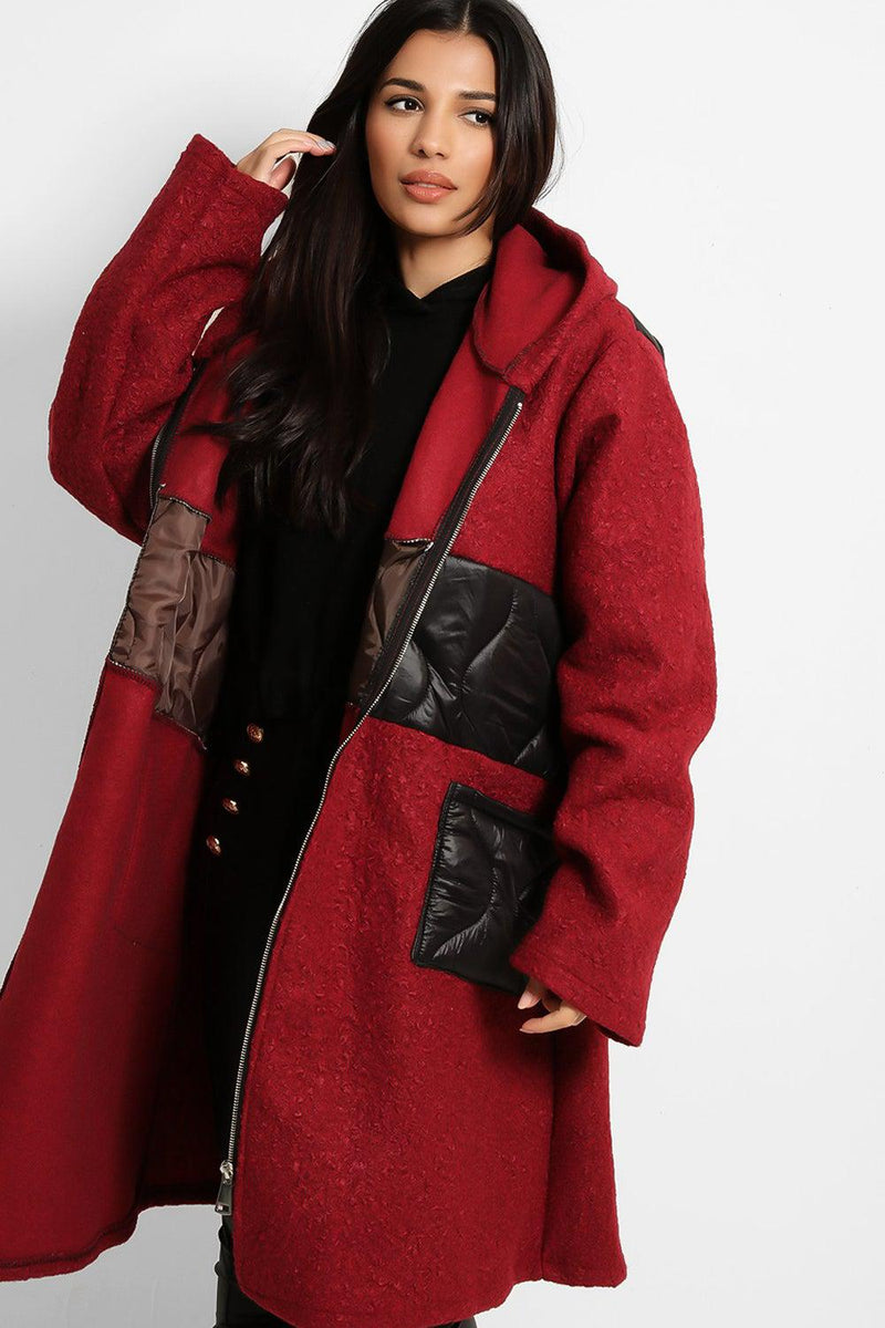 Contrast Quilted Details Boucle Hooded Coat-SinglePrice