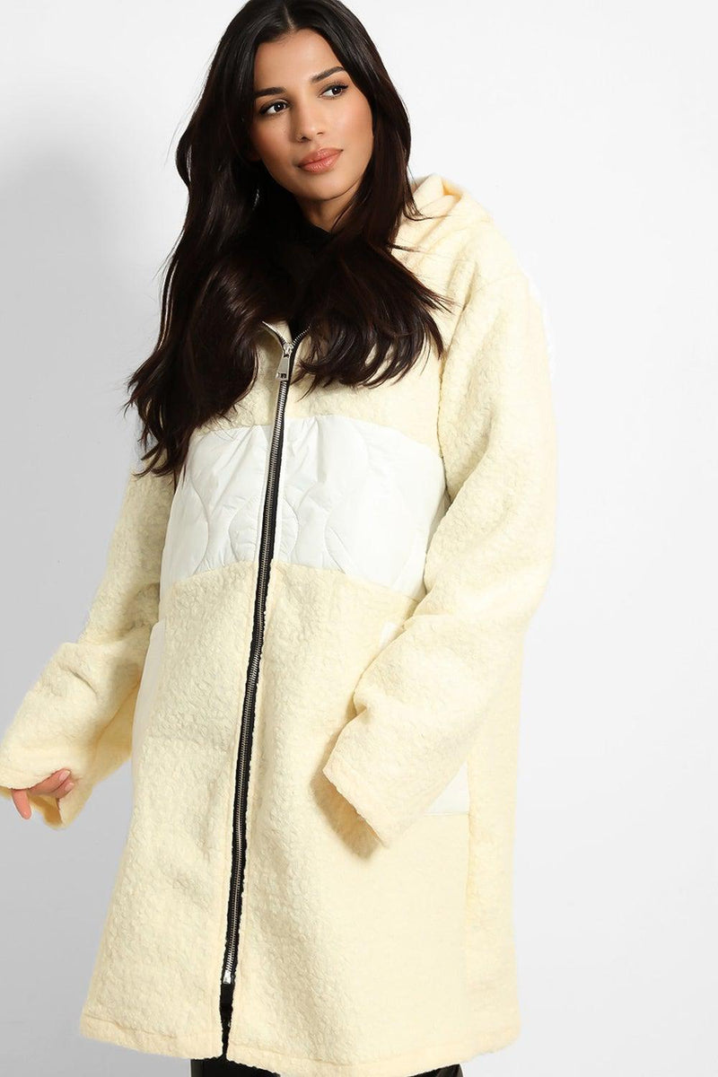 Contrast Quilted Details Boucle Hooded Coat-SinglePrice