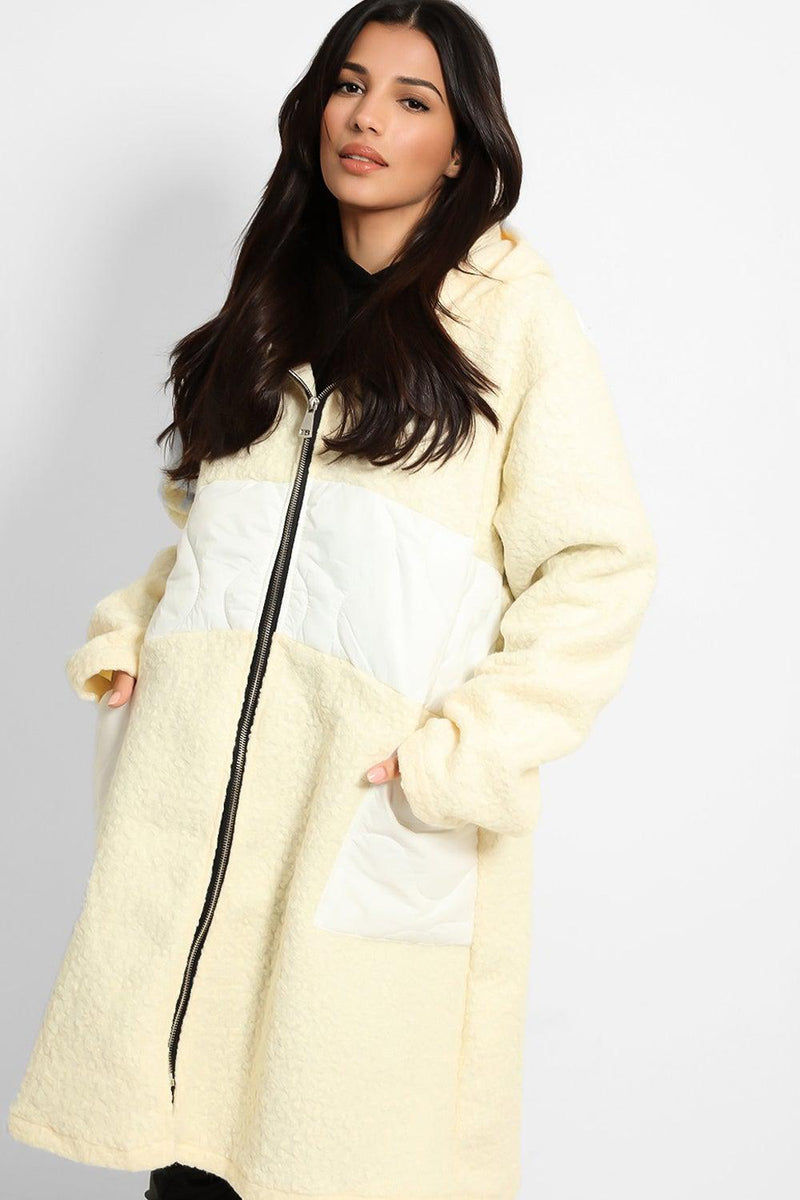 Contrast Quilted Details Boucle Hooded Coat-SinglePrice