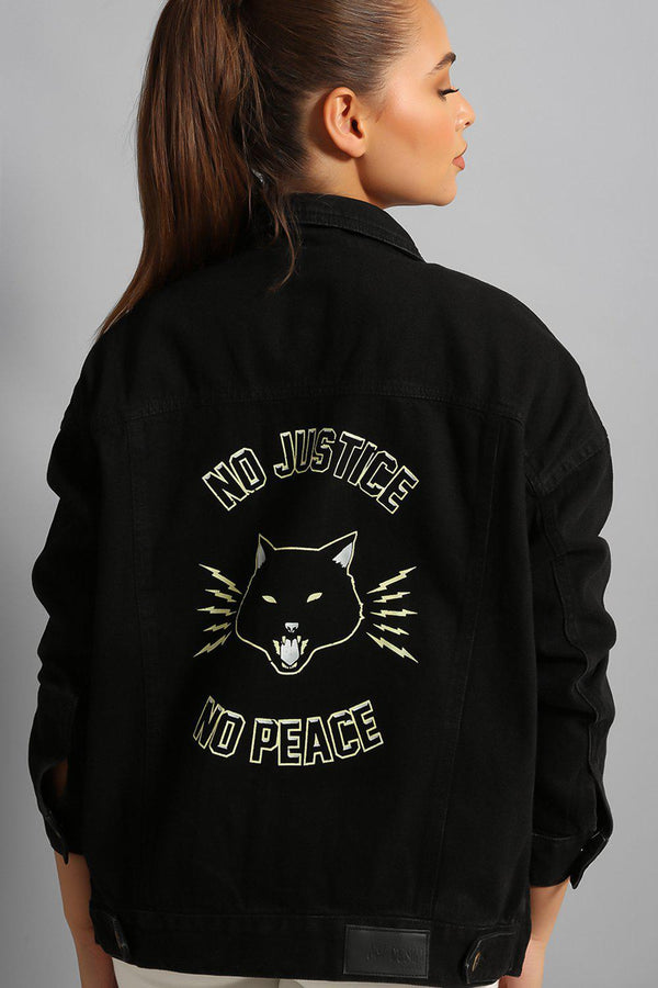 Black Slogan Back Fine Denim Classic Jacket-SinglePrice