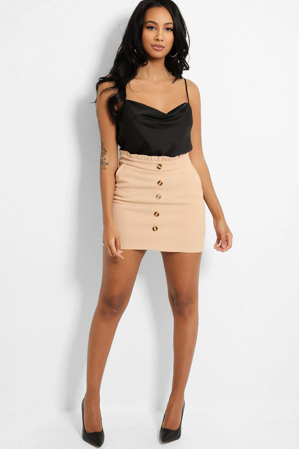 Beige Paper-Bag Waist Buttons Front Skirt-SinglePrice