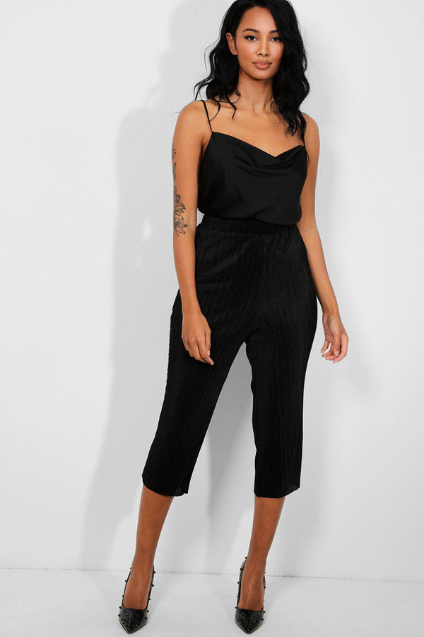 Black Pleated Cropped Trousers-SinglePrice