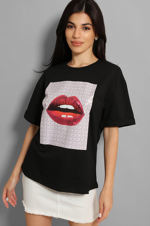 Black Glossy Lips Printed T-Shirt-SinglePrice