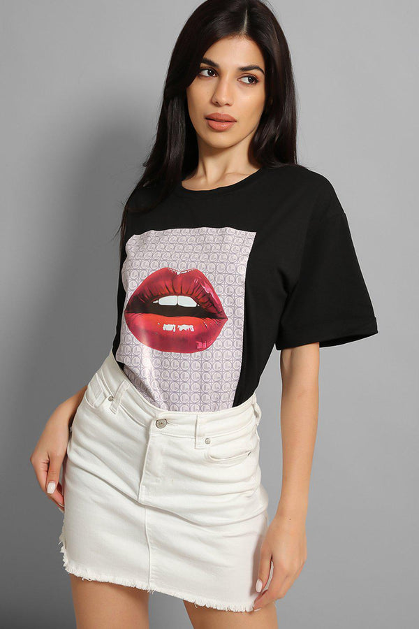 Black Glossy Lips Printed T-Shirt-SinglePrice