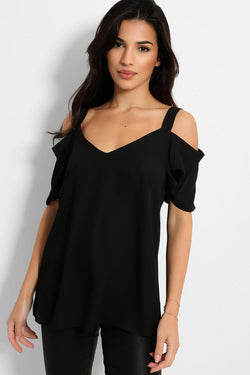 Black Chiffon Cold Shoulder Top-SinglePrice