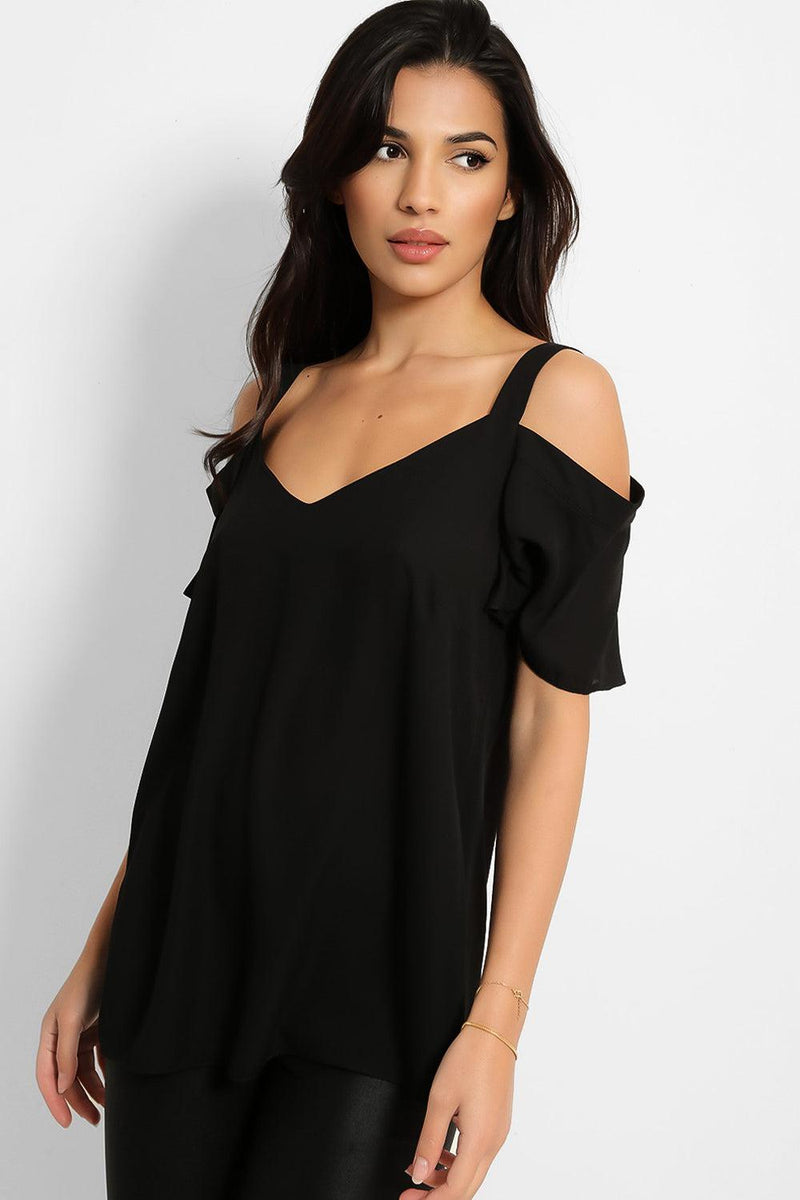 Black Chiffon Cold Shoulder Top-SinglePrice