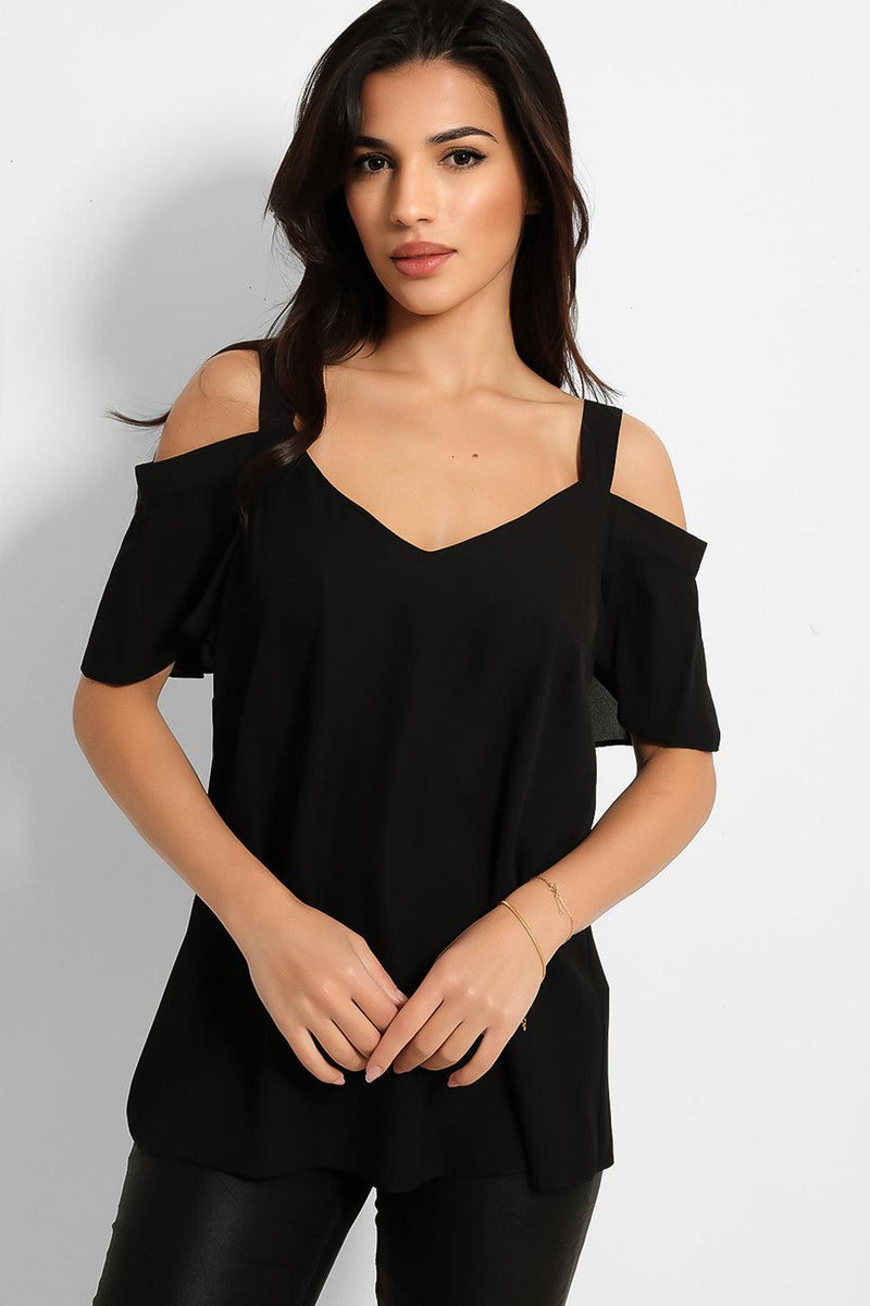 Black Chiffon Cold Shoulder Top-SinglePrice