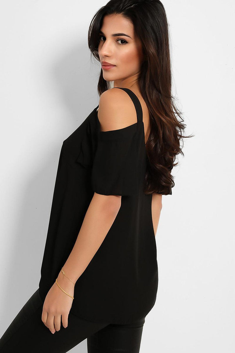 Black Chiffon Cold Shoulder Top-SinglePrice