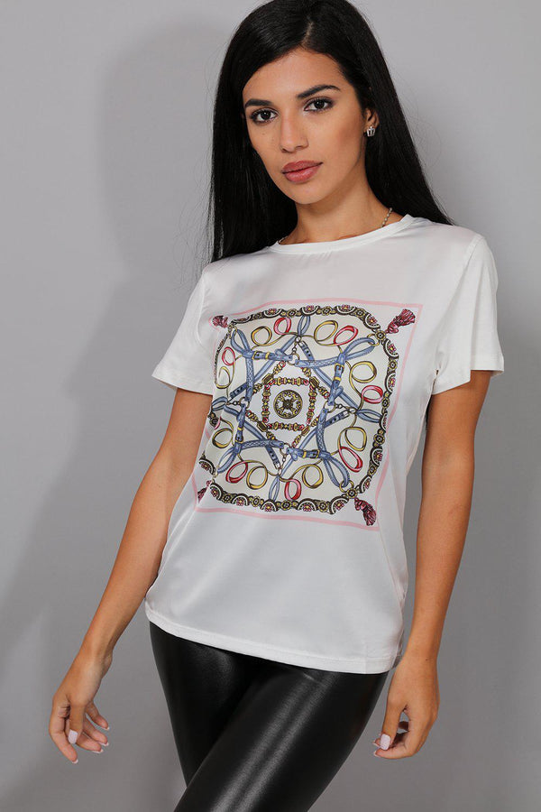 White Satin Scarf Print T-Shirt - SinglePrice