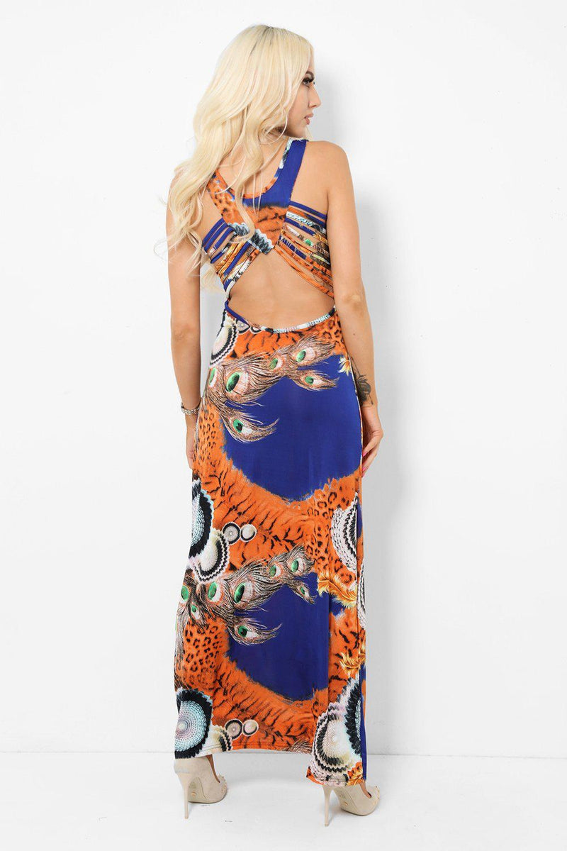 Leopard Print And Peacock Navy And Orange Maxi Dress - SinglePrice