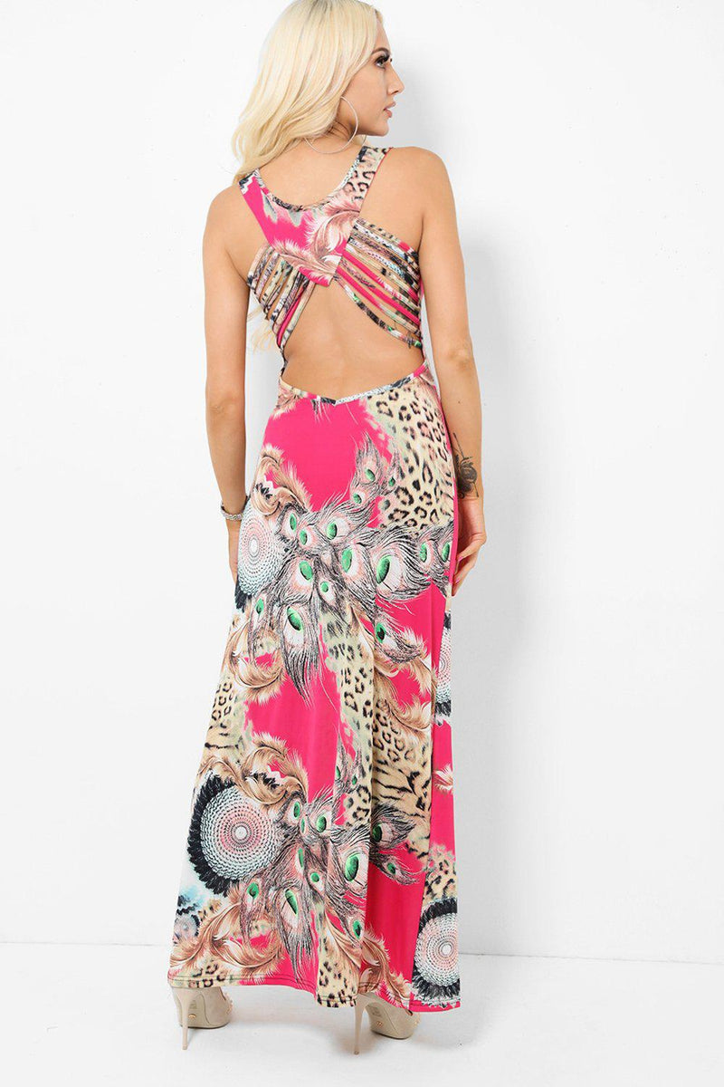 Leopard Print And Peacock Fuchsia And Beige Maxi Dress - SinglePrice