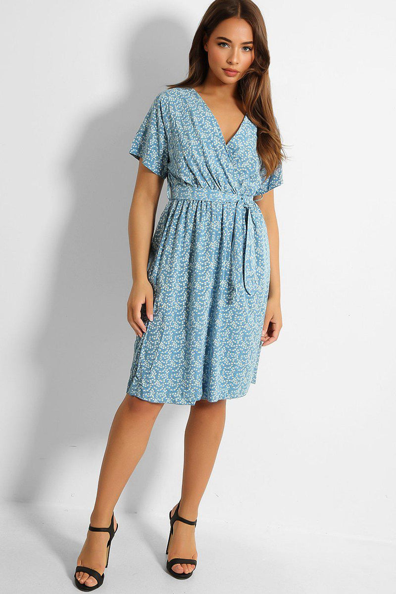 Blue Floral Print Waist-Belt Wrap Plunge Tea Dress - SinglePrice