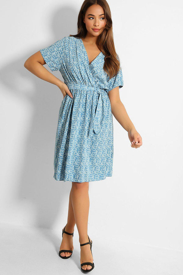 Blue Floral Print Waist-Belt Wrap Plunge Tea Dress - SinglePrice