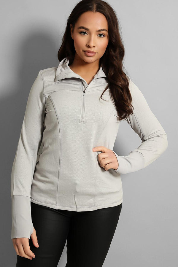 Light Grey High Neck Thumb Cuffs Sports Jacket-SinglePrice