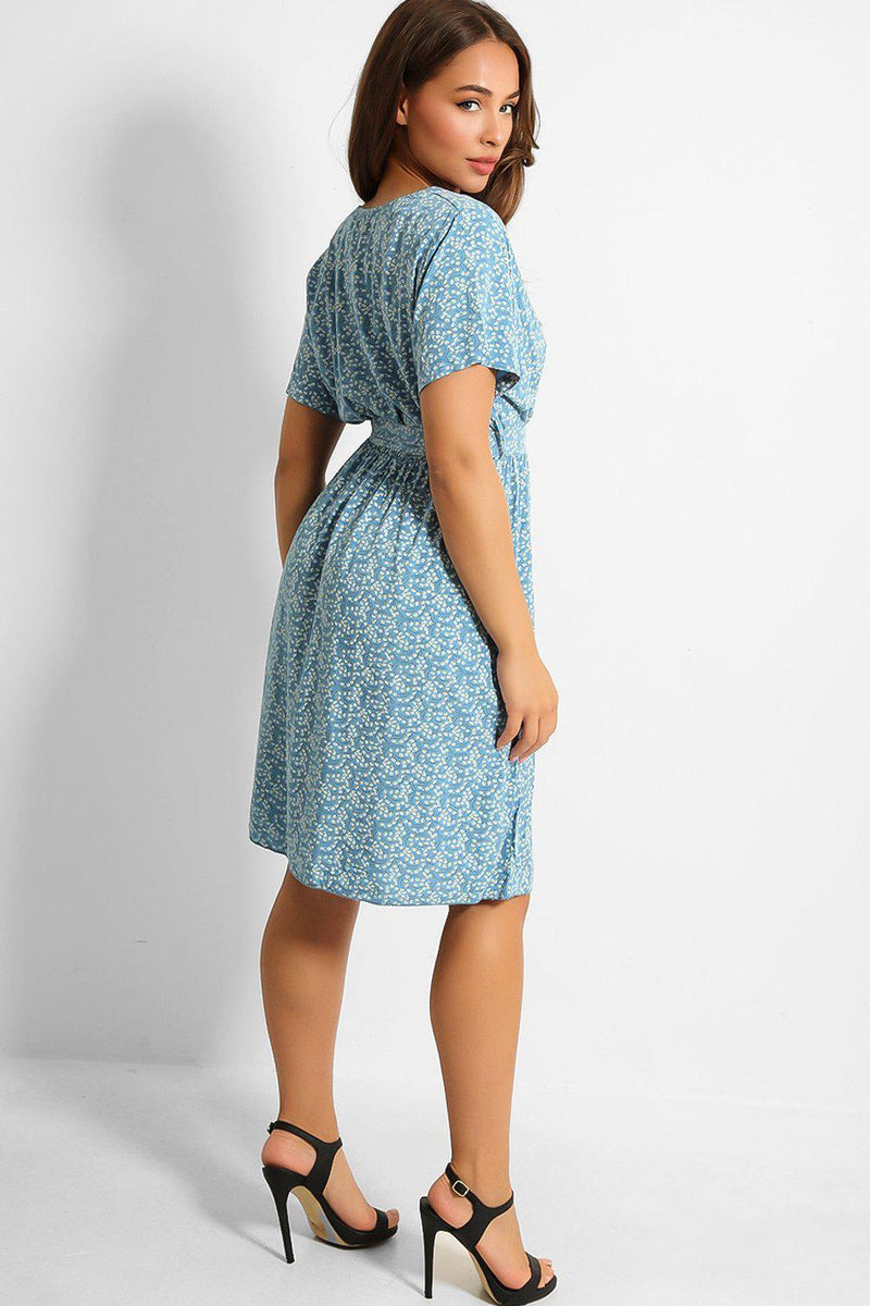 Blue Floral Print Waist-Belt Wrap Plunge Tea Dress - SinglePrice