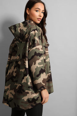 Camouflage Print Dip Hem Star Back Lightweight Jacket-SinglePrice