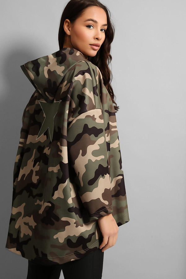 Camouflage Print Dip Hem Star Back Lightweight Jacket-SinglePrice