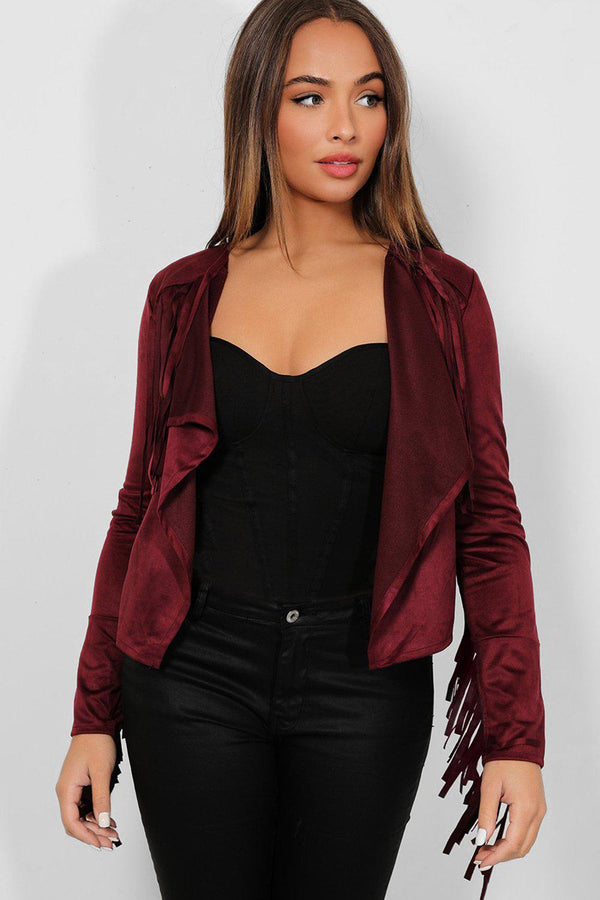 Burgundy Vegan Suede Open Front Cowboy Jacket-SinglePrice