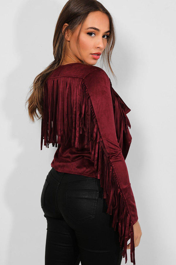 Burgundy Vegan Suede Open Front Cowboy Jacket-SinglePrice