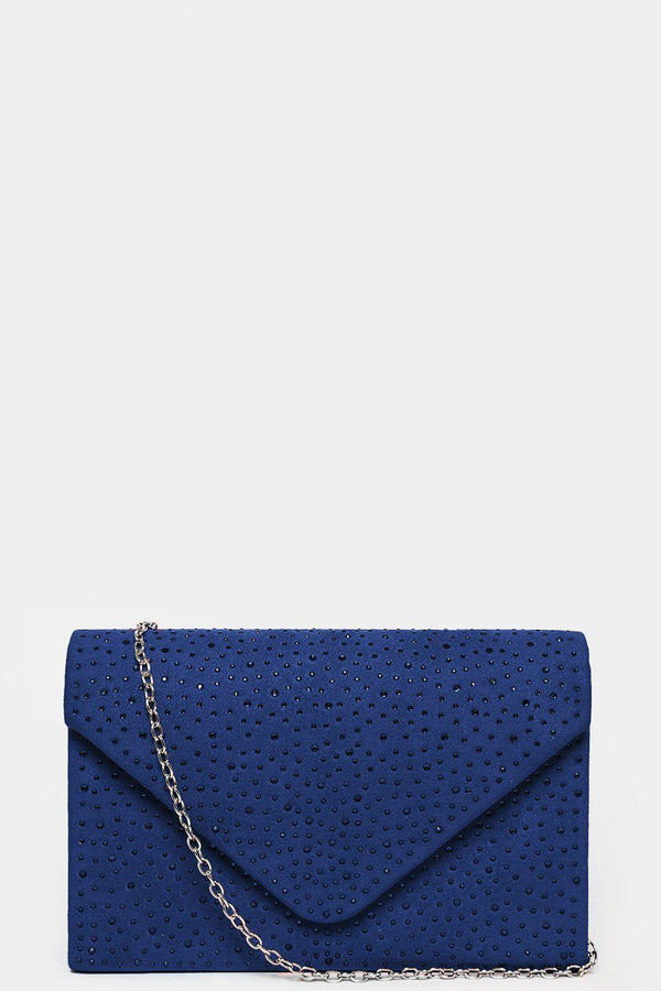 Navy Vegan Suede Crystals Embellished Clutch Bag-SinglePrice