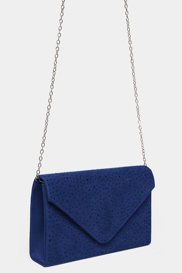 Navy Vegan Suede Crystals Embellished Clutch Bag-SinglePrice