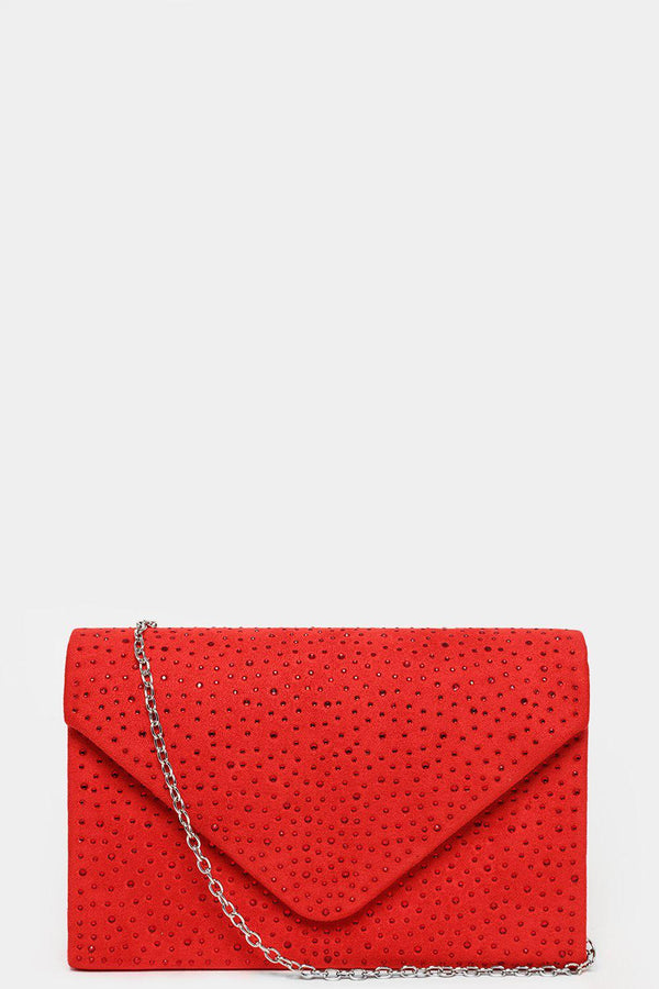 Red Vegan Suede Crystals Embellished Clutch Bag-SinglePrice