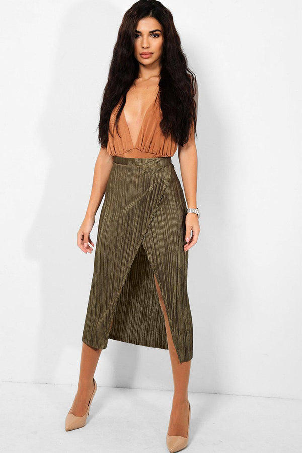 Khaki Pleated High Split Midi Skirt - SinglePrice