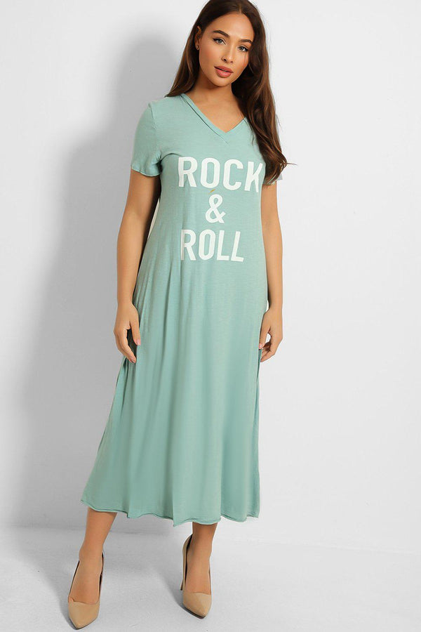 Rock & Roll Slogan Print V-Neck T-Shirt Dress-SinglePrice