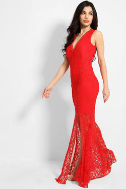 Red Crochet Lace Twin Front Split Maxi Fishtail Dress-SinglePrice