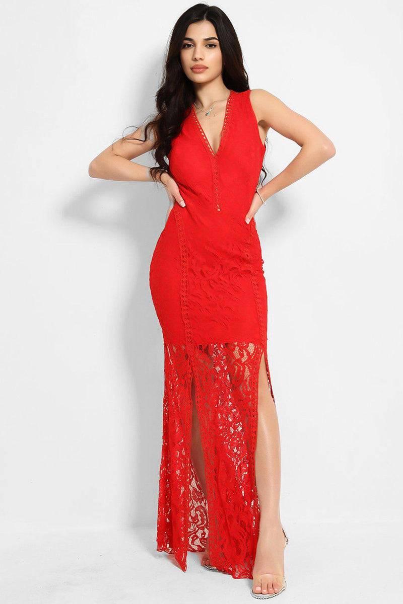Red Crochet Lace Twin Front Split Maxi Fishtail Dress-SinglePrice