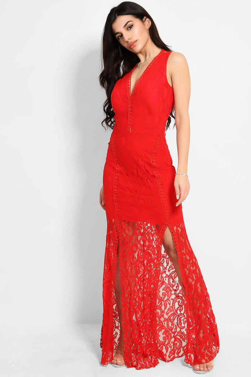 Red Crochet Lace Twin Front Split Maxi Fishtail Dress-SinglePrice