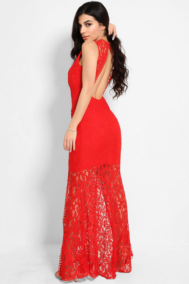 Red Crochet Lace Twin Front Split Maxi Fishtail Dress-SinglePrice