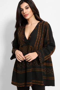 Camel Boho Print V-Neck Tunic-SinglePrice