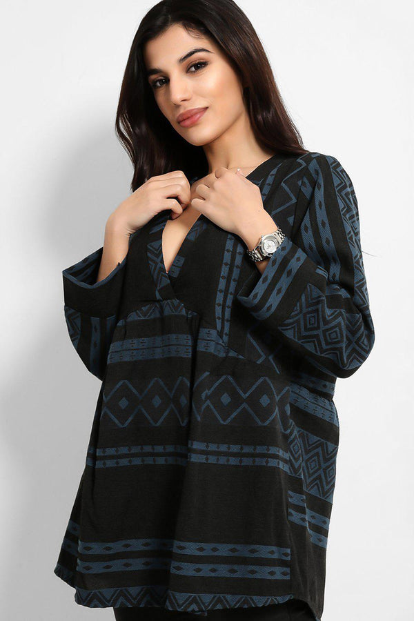 Blue Boho Print V-Neck Tunic-SinglePrice