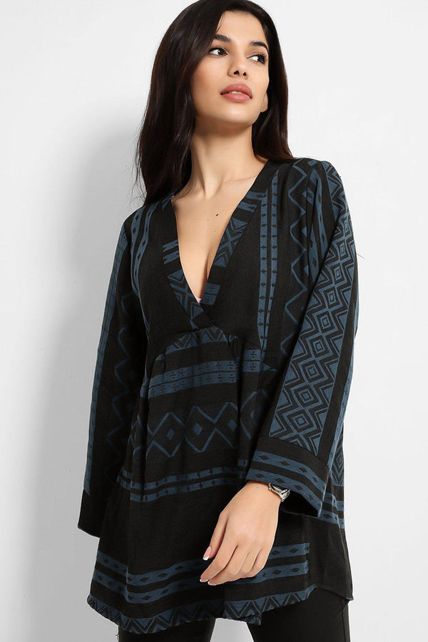 Blue Boho Print V-Neck Tunic-SinglePrice