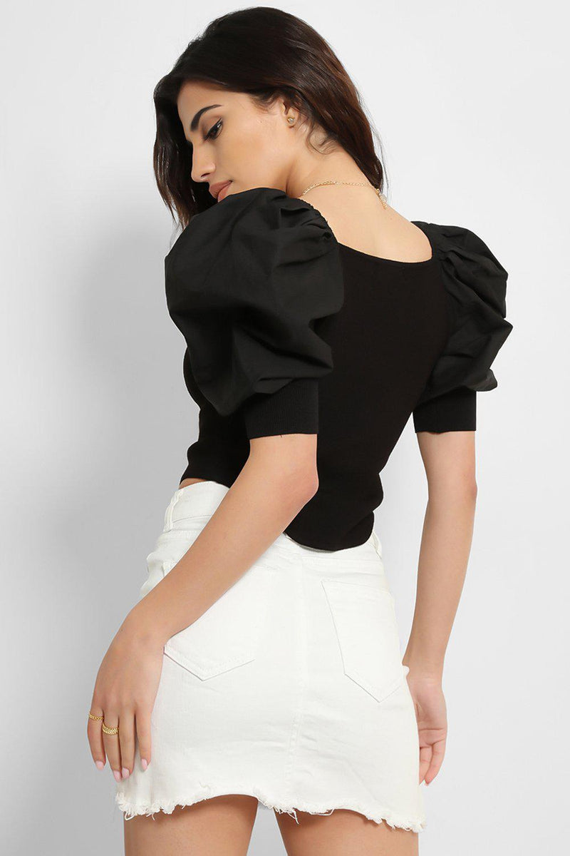 Black Puff Sleeves Faux Corset Top-SinglePrice