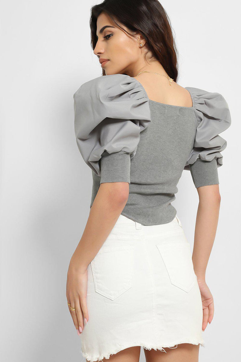 Grey Puff Sleeves Faux Corset Top-SinglePrice
