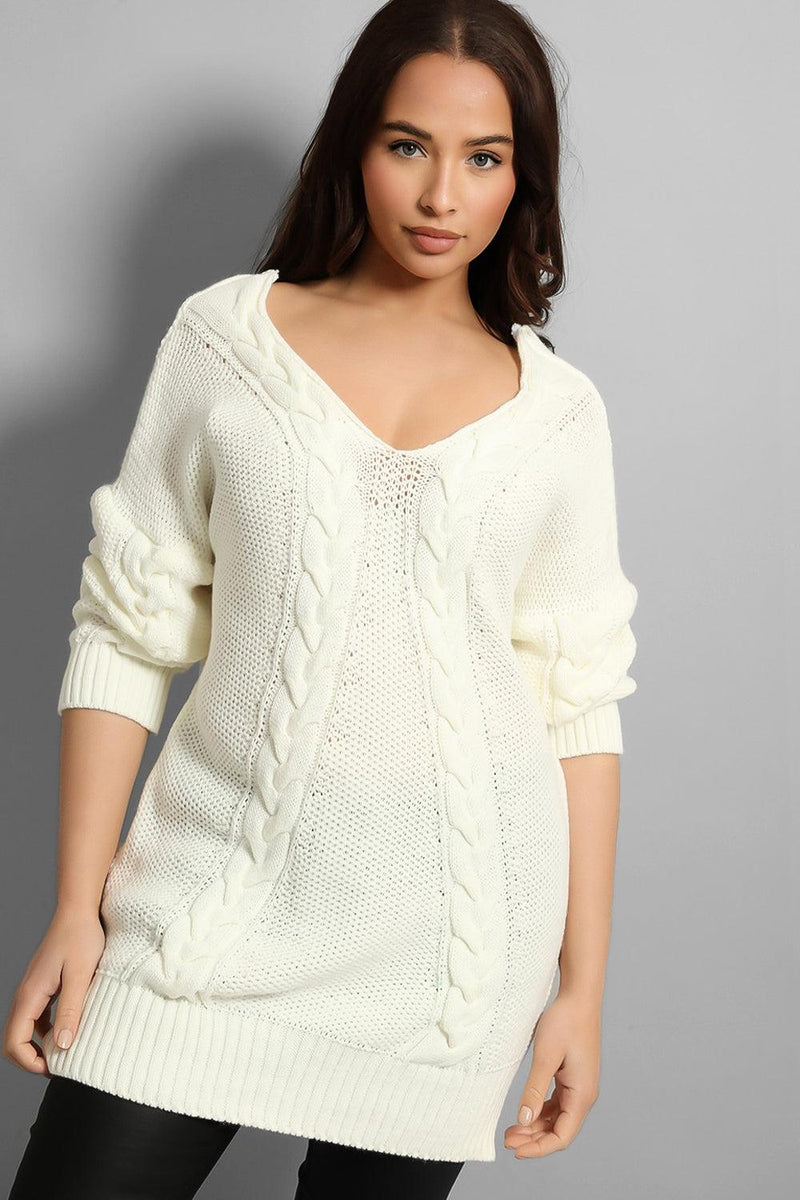 Braided Knit Deep Cut Long Pullover-SinglePrice