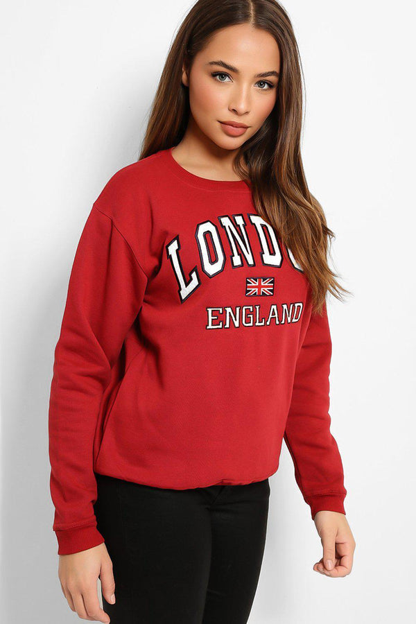 Burgundy White LONDON England Slogan Sweatshirt-SinglePrice