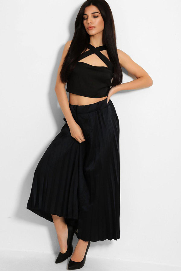 Dark Navy Pleated Satin Maxi Skirt - SinglePrice