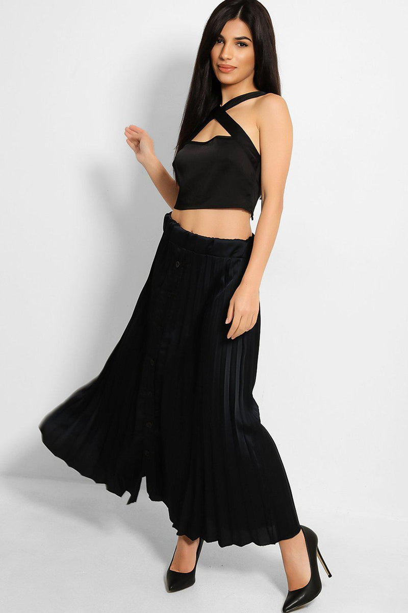 Dark Navy Pleated Satin Maxi Skirt - SinglePrice