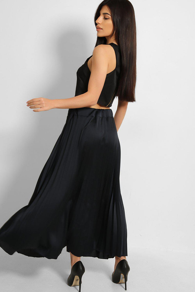 Dark Navy Pleated Satin Maxi Skirt - SinglePrice