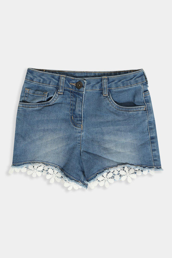 White Crochet Lace Hem Blue Girl's Shorts - SinglePrice