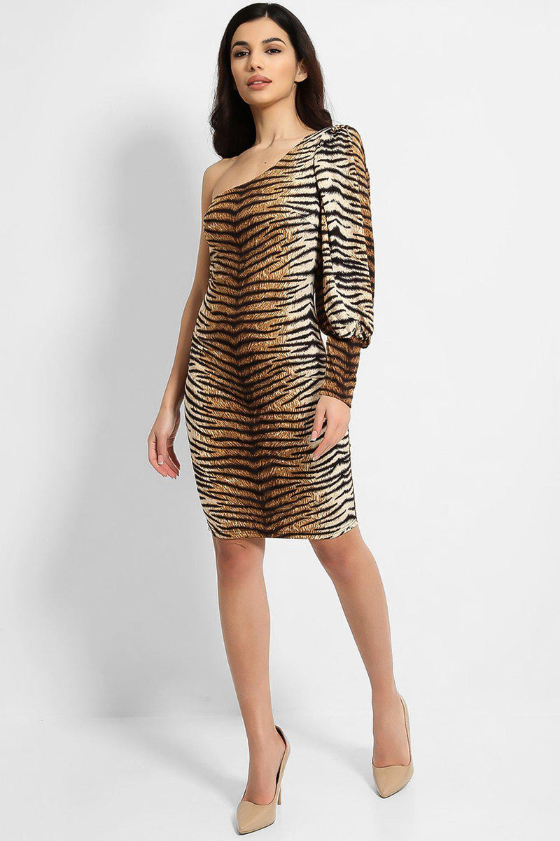 Tiger Print One Shoulder Bodycon Dress-SinglePrice