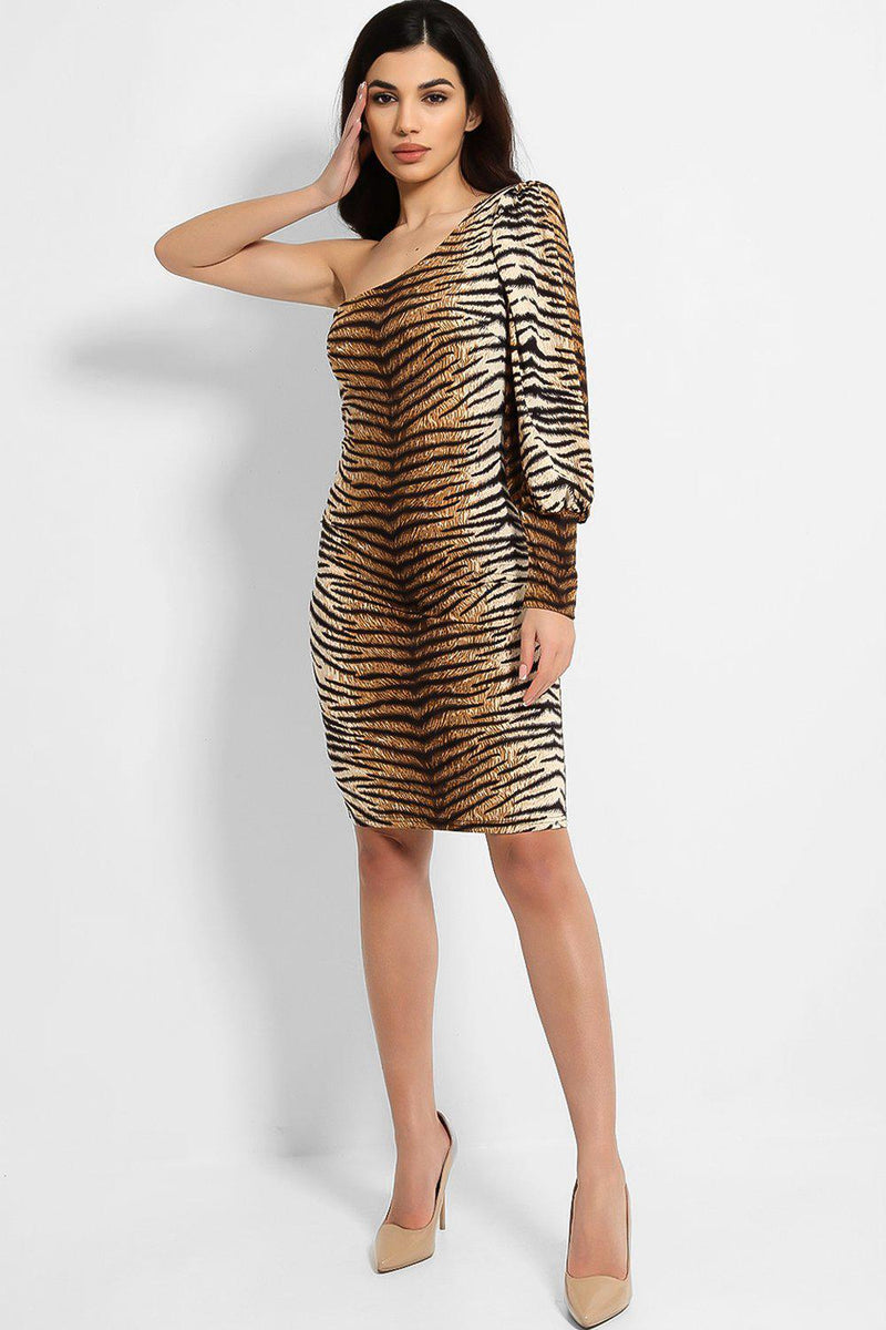Tiger Print One Shoulder Bodycon Dress-SinglePrice