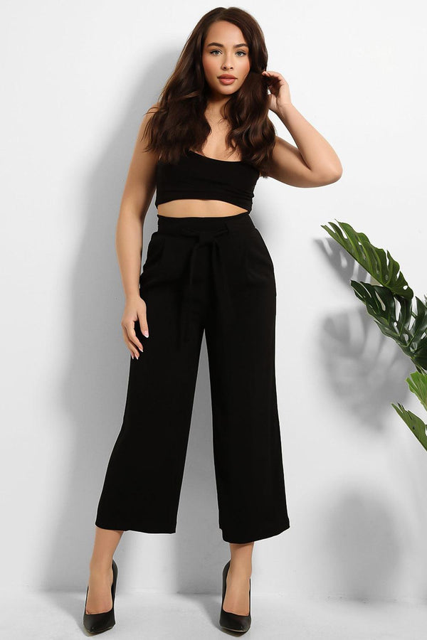Black Cropped Wide Leg Trousers-SinglePrice