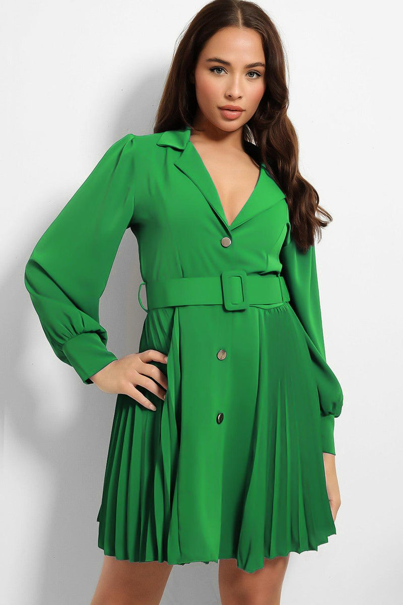 Gold Buttons Belted Pleated Shirt Dress-SinglePrice