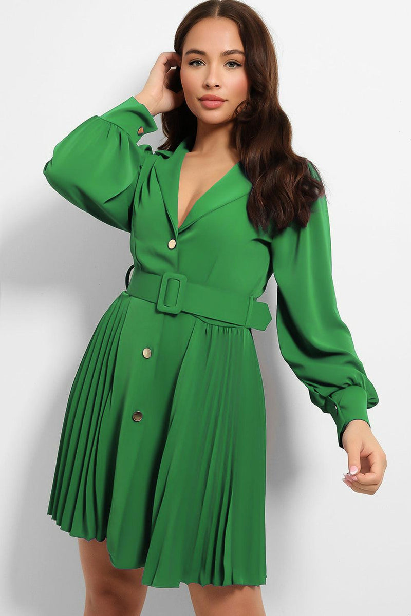 Gold Buttons Belted Pleated Shirt Dress-SinglePrice