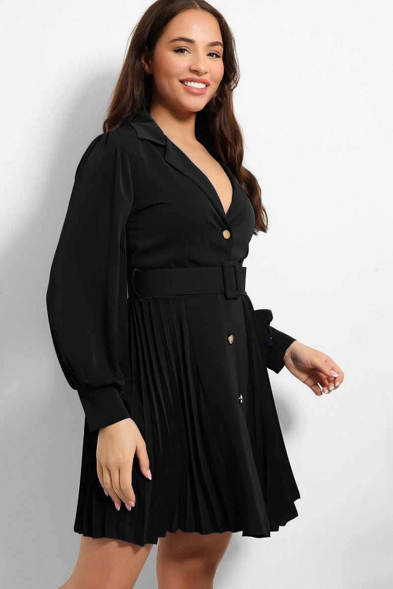 Gold Buttons Belted Pleated Shirt Dress-SinglePrice